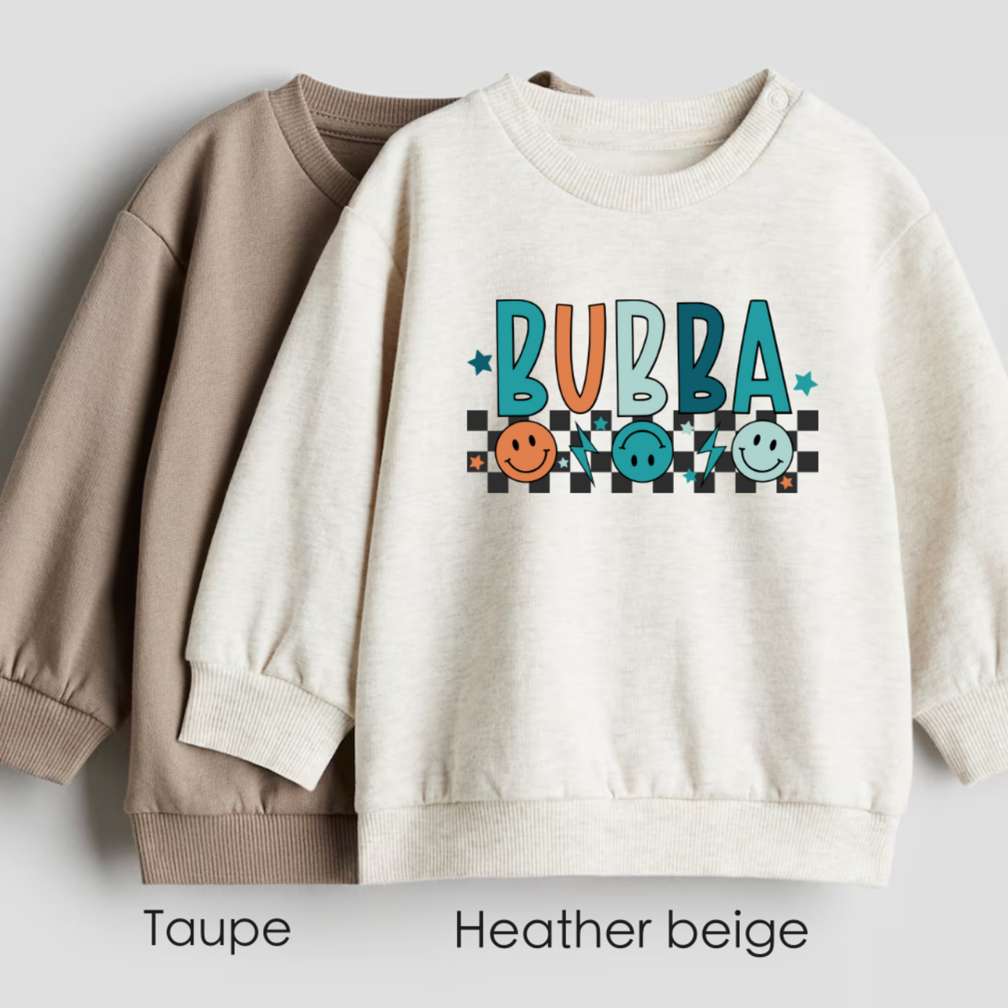 bubba sweatshirt with smiley faces and lightning bolts and checkerboard