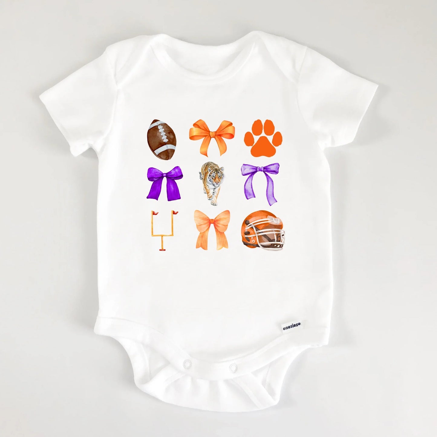 Tiger bows- Orange and purple- Girl's short sleeve shirt and infant bodysuit - Summit and Nest