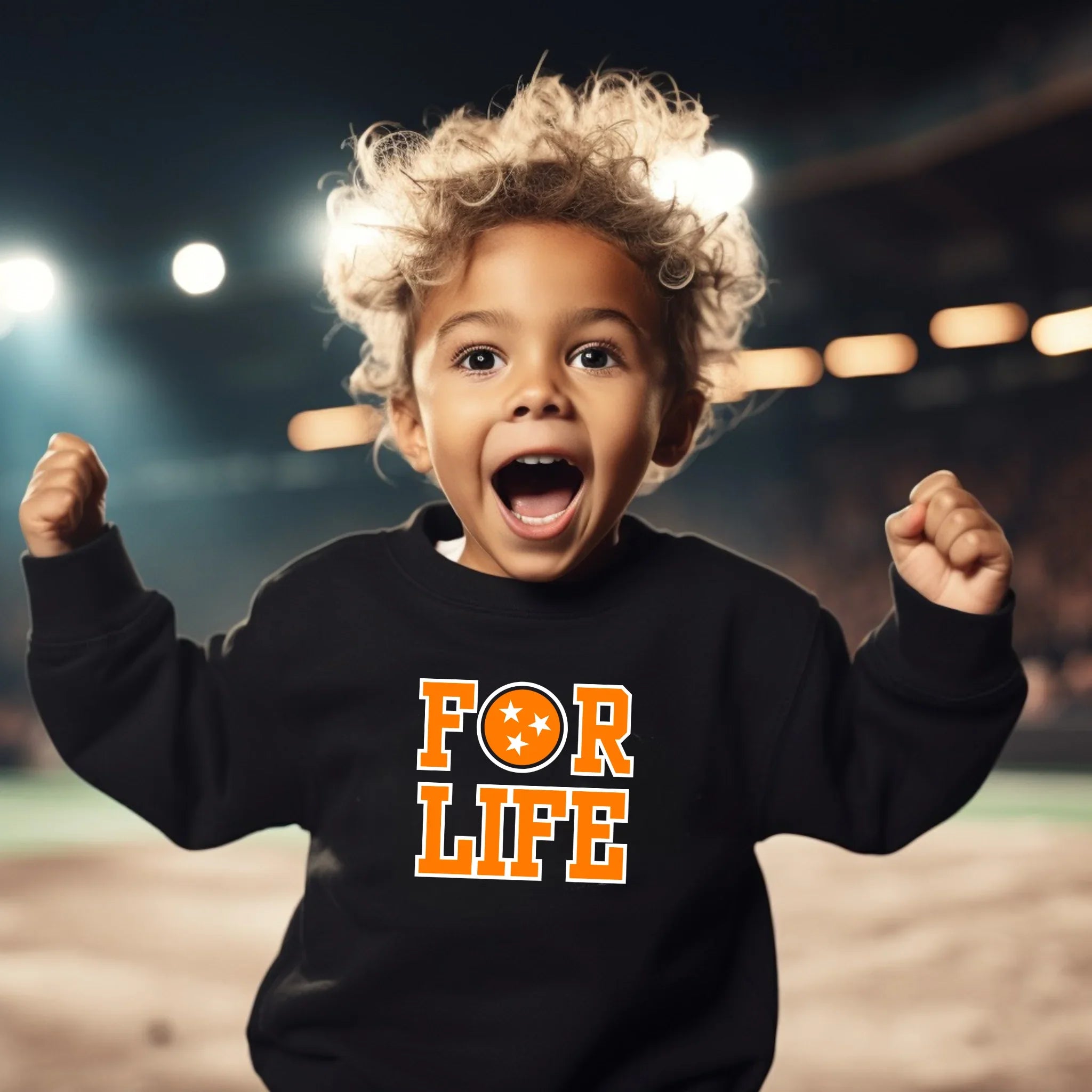Child wearing a black sweatshirt with 'FOR LIFE' in orange letters, standing on a sports field.