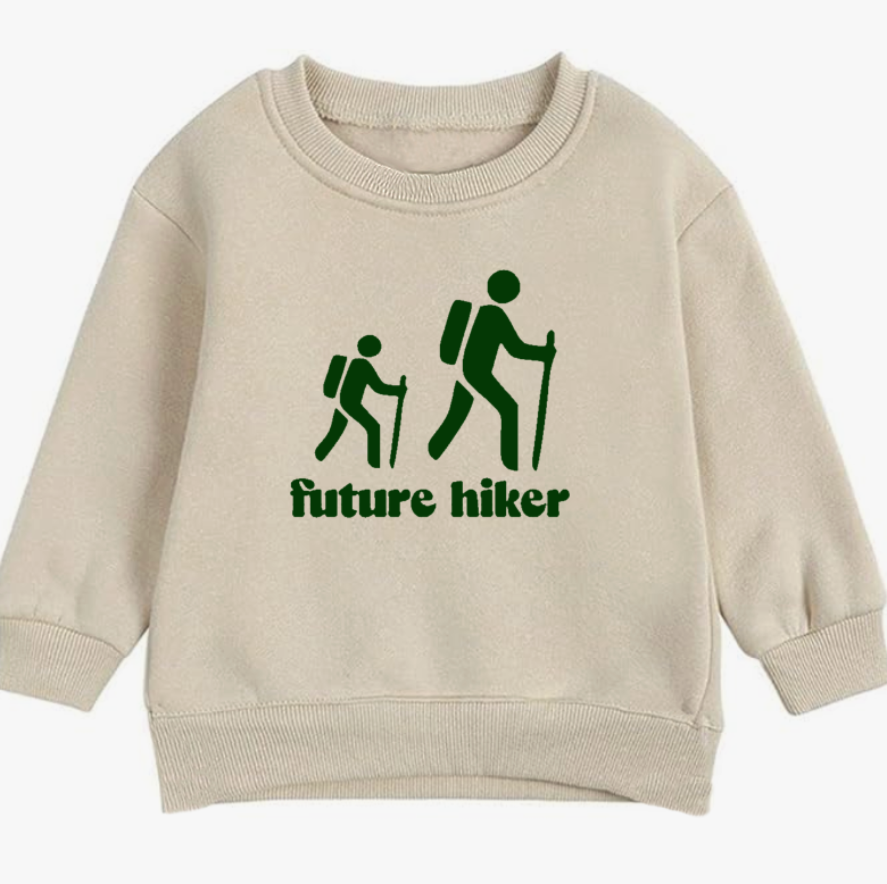 Beige sweatshirt with green 'future hiker' graphic on a white background
