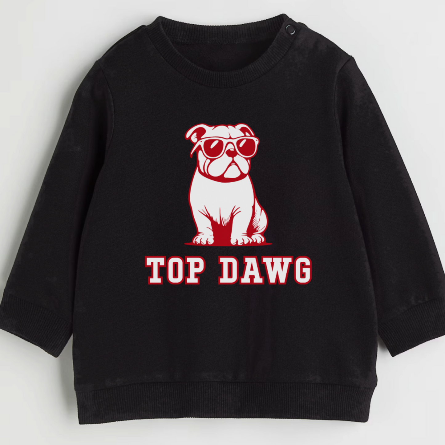 Black sweatshirt with a red bulldog graphic and 'TOP DAWG' text on a light gray background