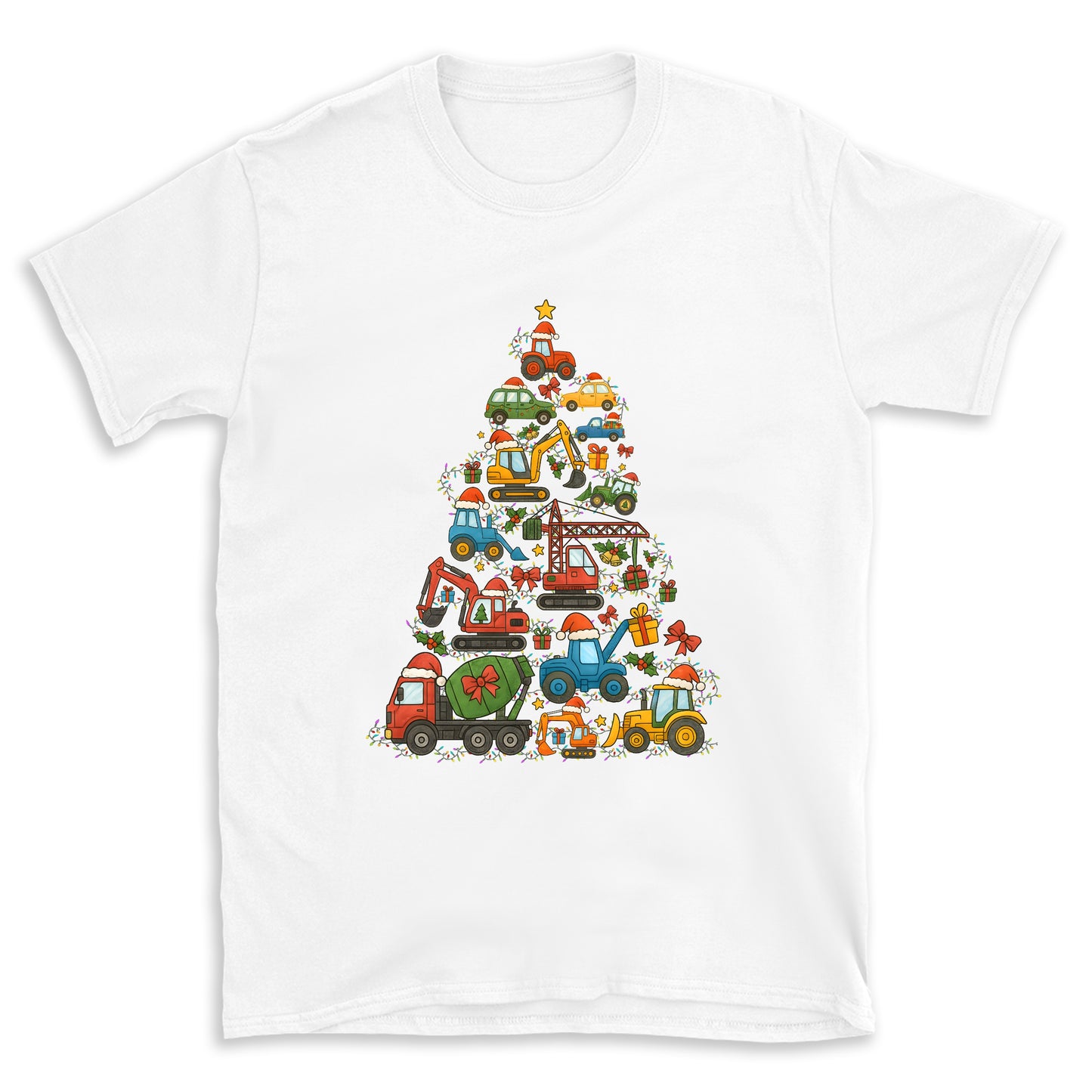 White t-shirt with a colorful Christmas tree design made of construction vehicles on a white background