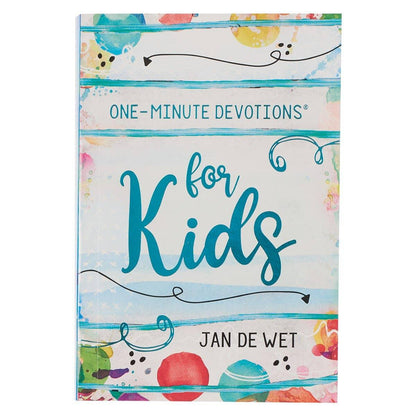Book titled 'One-Minute Devotions for Kids' by Jan de Wet with colorful design on a white background