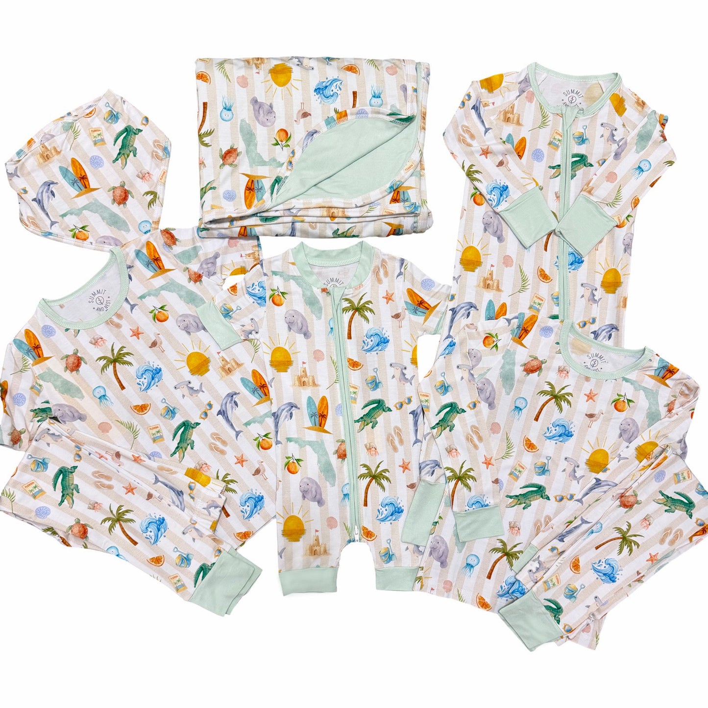 Collection of children's clothing with Florida beach-themed design on a white background