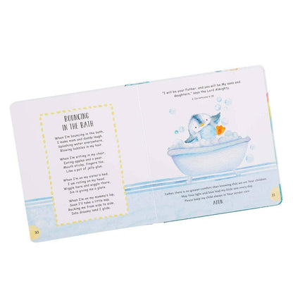 Children's book open to a page with a cartoon penguin in a bathtub and text.