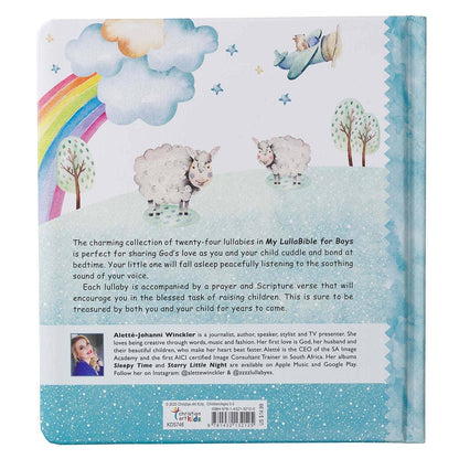 Back cover of a children's book with illustrations of sheep, rainbow, and clouds on a blue background.