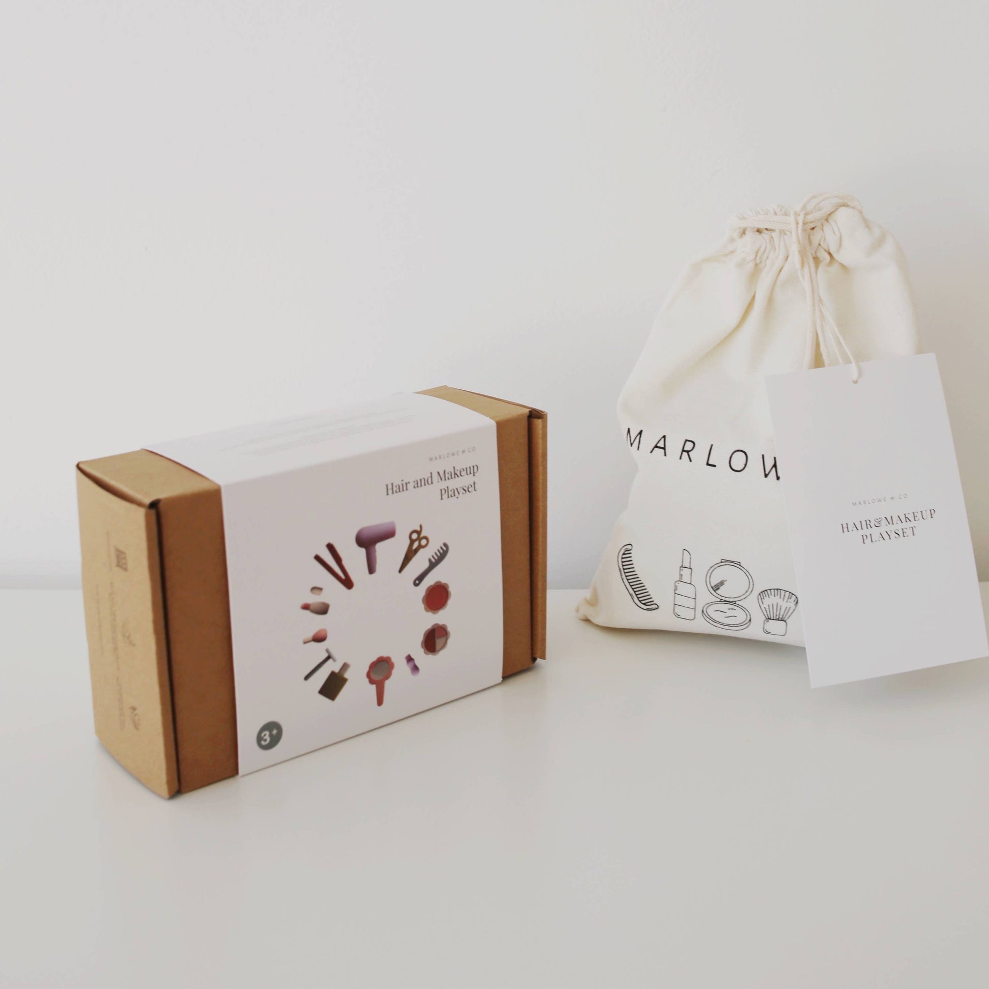 Hair playset Box and drawstring bag with 'Marlow' branding on a white background