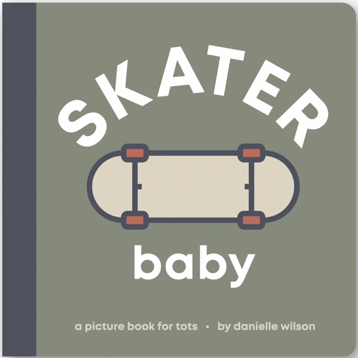 Book cover with 'Skater Baby' text and a skateboard illustration on a green background