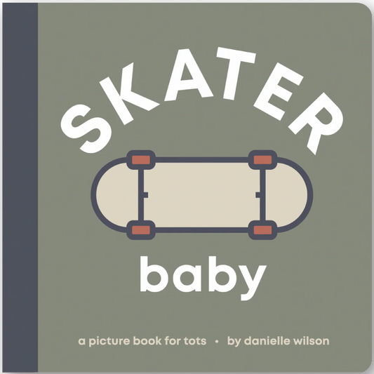 Book cover with 'Skater Baby' text and a skateboard illustration on a green background