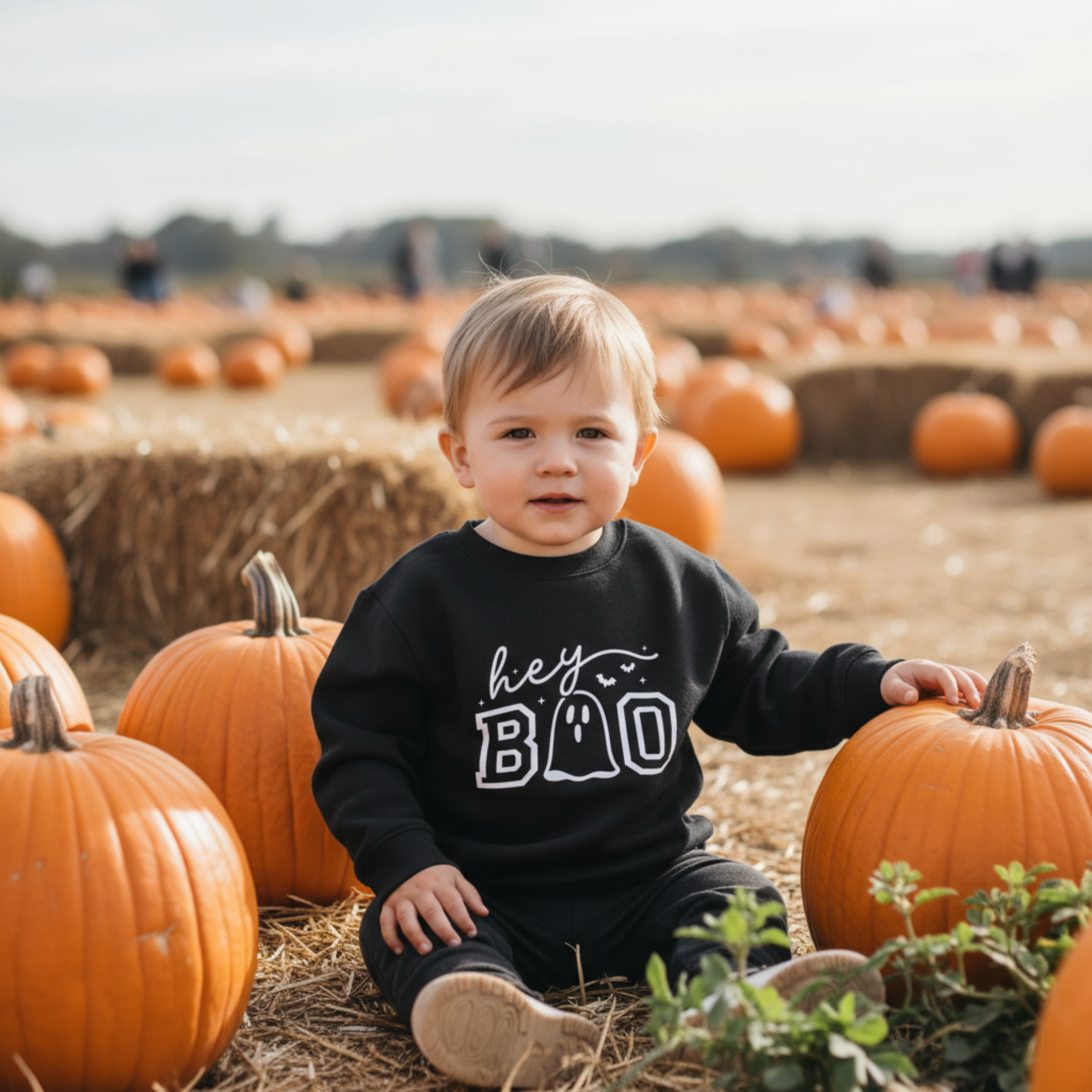 Child in a pumpkin patch wearing a black sweatshirt with 'hey BOO' text.