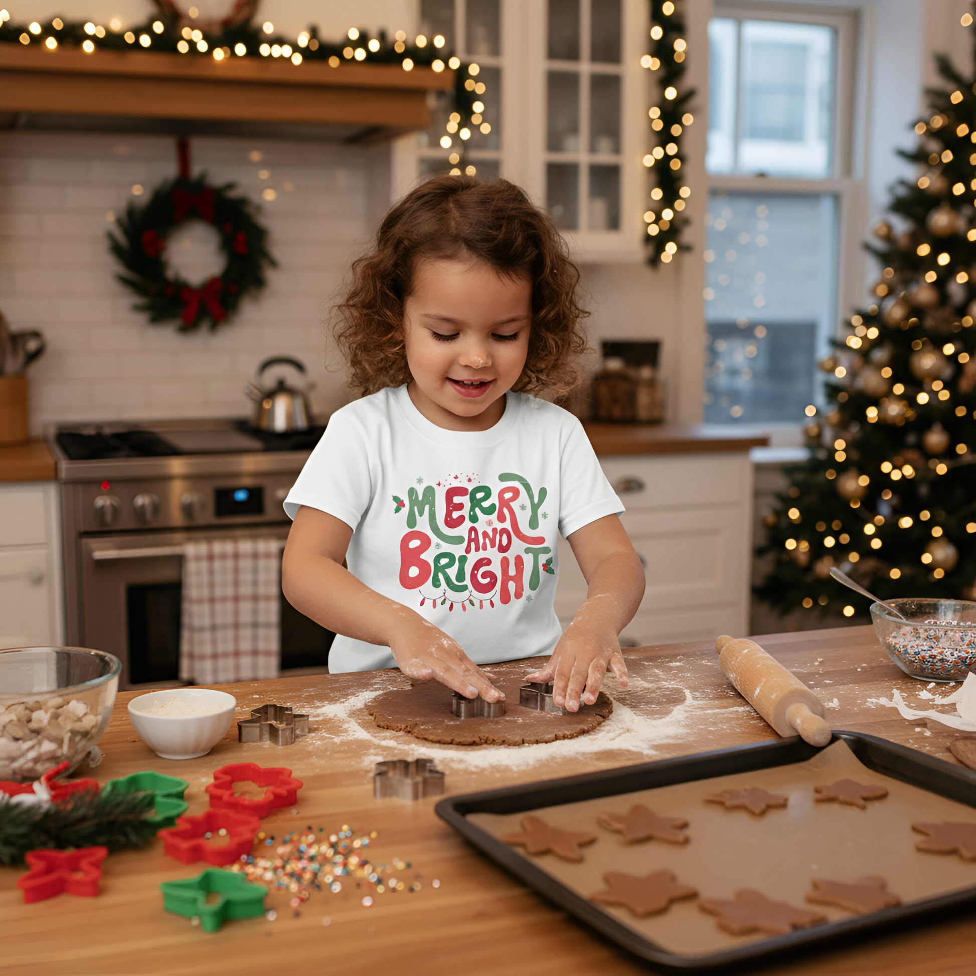 Child in a kitchen making cookies with Christmas decorations and lights in the background