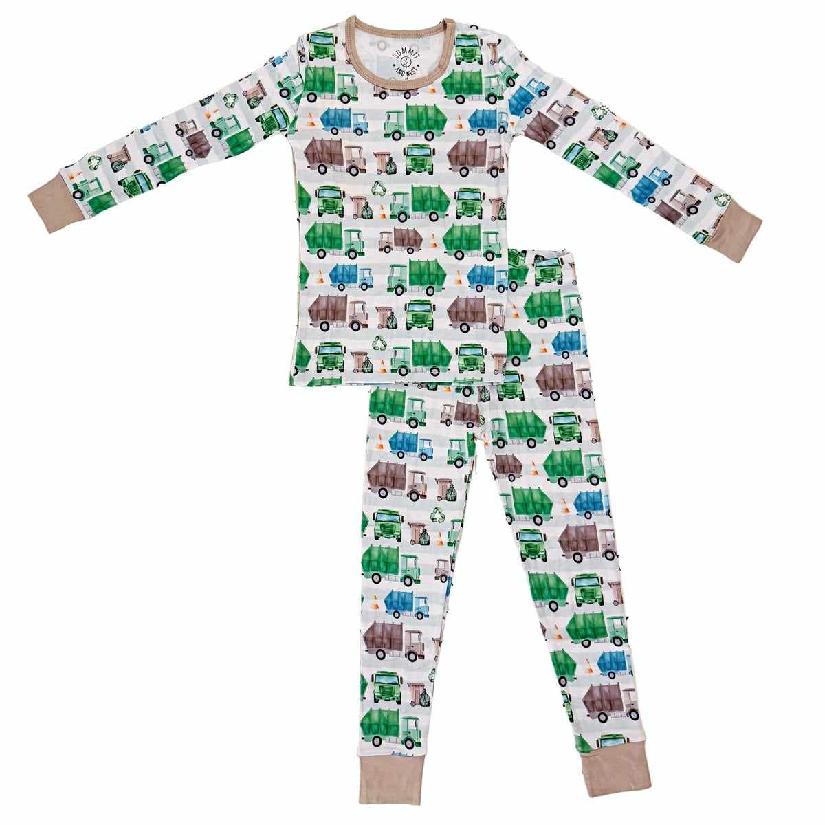 Children's pajama set with trash truck pattern on a white background