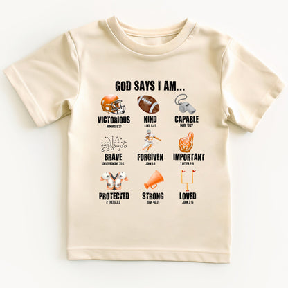 Beige t-shirt with motivational football graphics and religious text on a white background