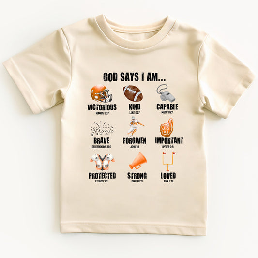 Beige t-shirt with motivational football graphics and religious text on a white background