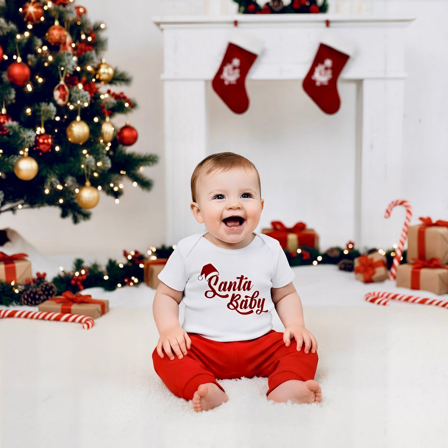 Baby wearing a 'Santa Baby' shirt in a festive Christmas setting with a tree and stockings.