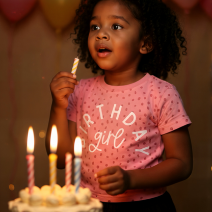 girl wearing pink birthday girl shirt