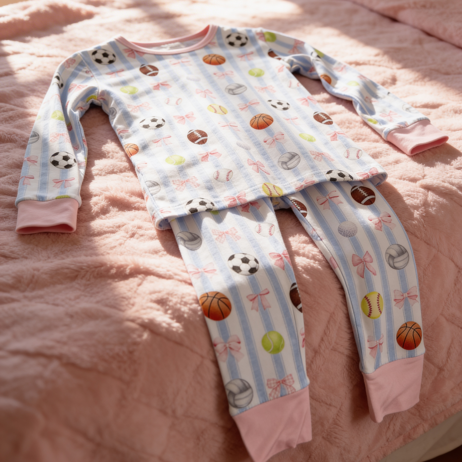 Children's pajama set with sports pattern on a pink bed