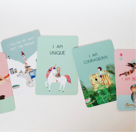 Set of affirmation cards with motivational phrases and illustrations on a white background