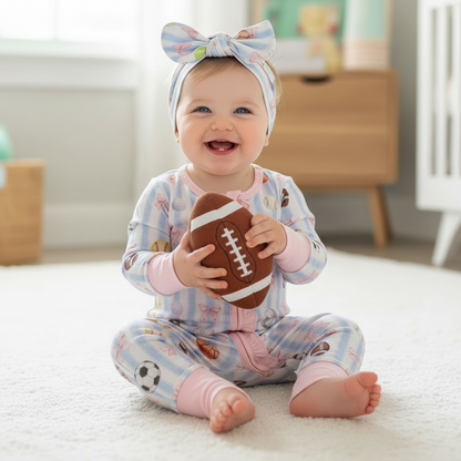 Baby sitting on a carpeted floor holding a football, wearing a colorful sporty outfit and headband.
