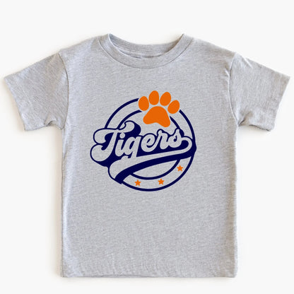Gray t-shirt with auburn 'Tigers' logo featuring a paw print on a white background
