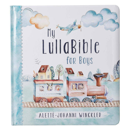 Book titled 'My LullaBible for Boys' with illustrations of a train, houses, and airplane on a blue background.
