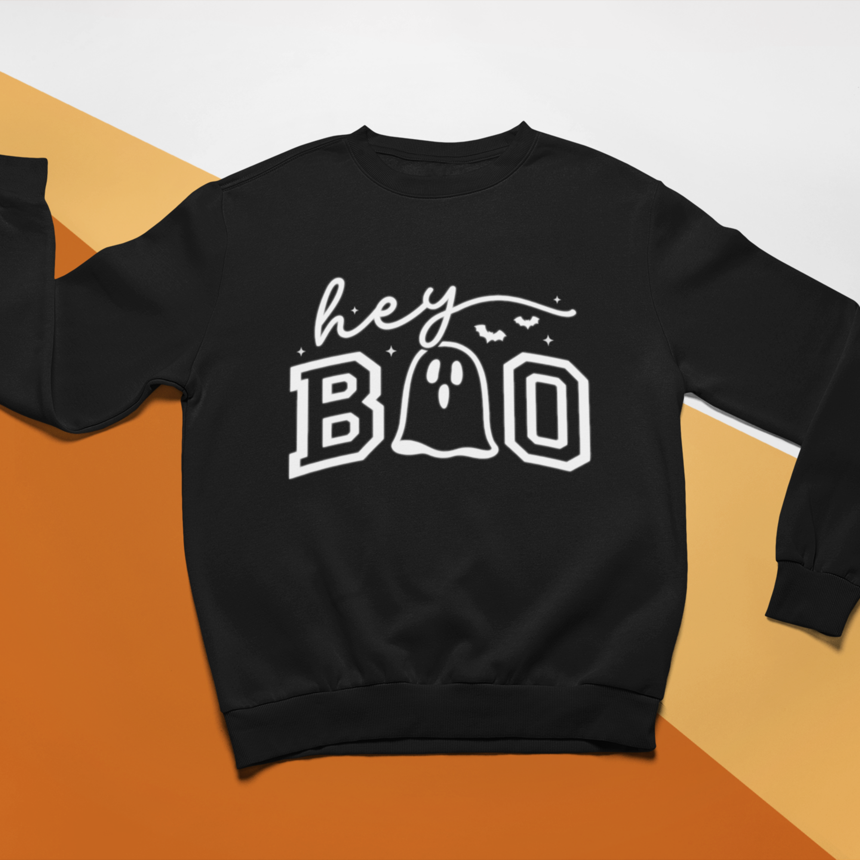 Black sweatshirt with 'hey BOO' text on an orange and gray background
