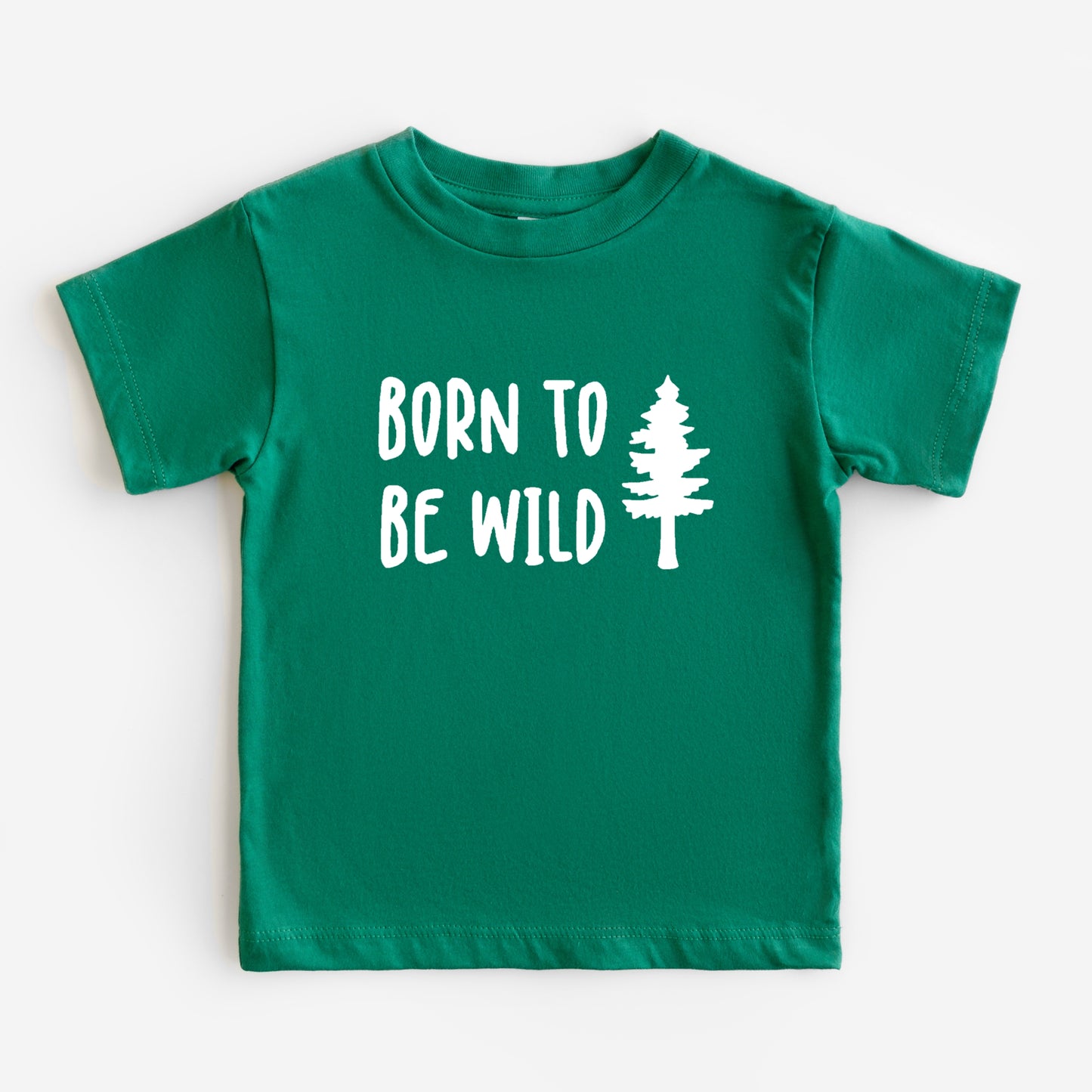 Green t-shirt with 'Born to Be Wild' text and a tree graphic on a white background
