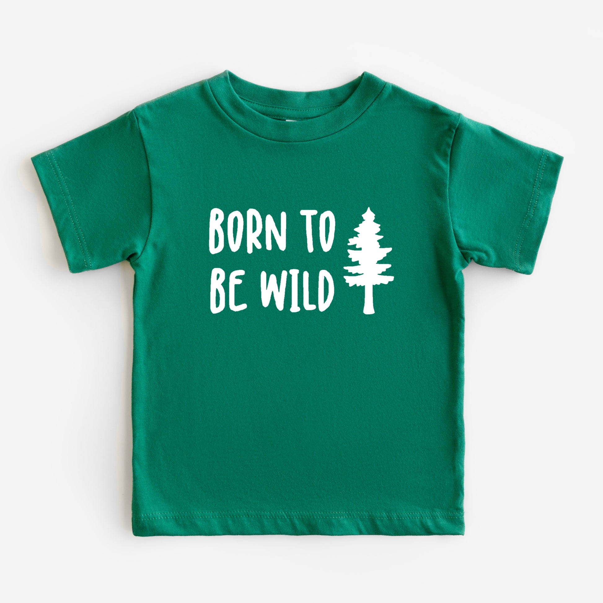 Green t-shirt with 'Born to Be Wild' text and a tree graphic on a white background