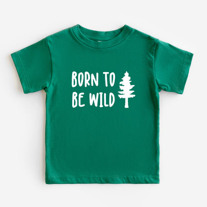 Green t-shirt with 'Born to Be Wild' text and a tree graphic on a white background