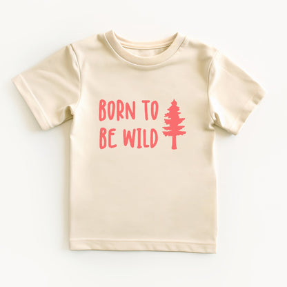 Beige t-shirt with 'Born to Be Wild' text and tree graphic on a white background