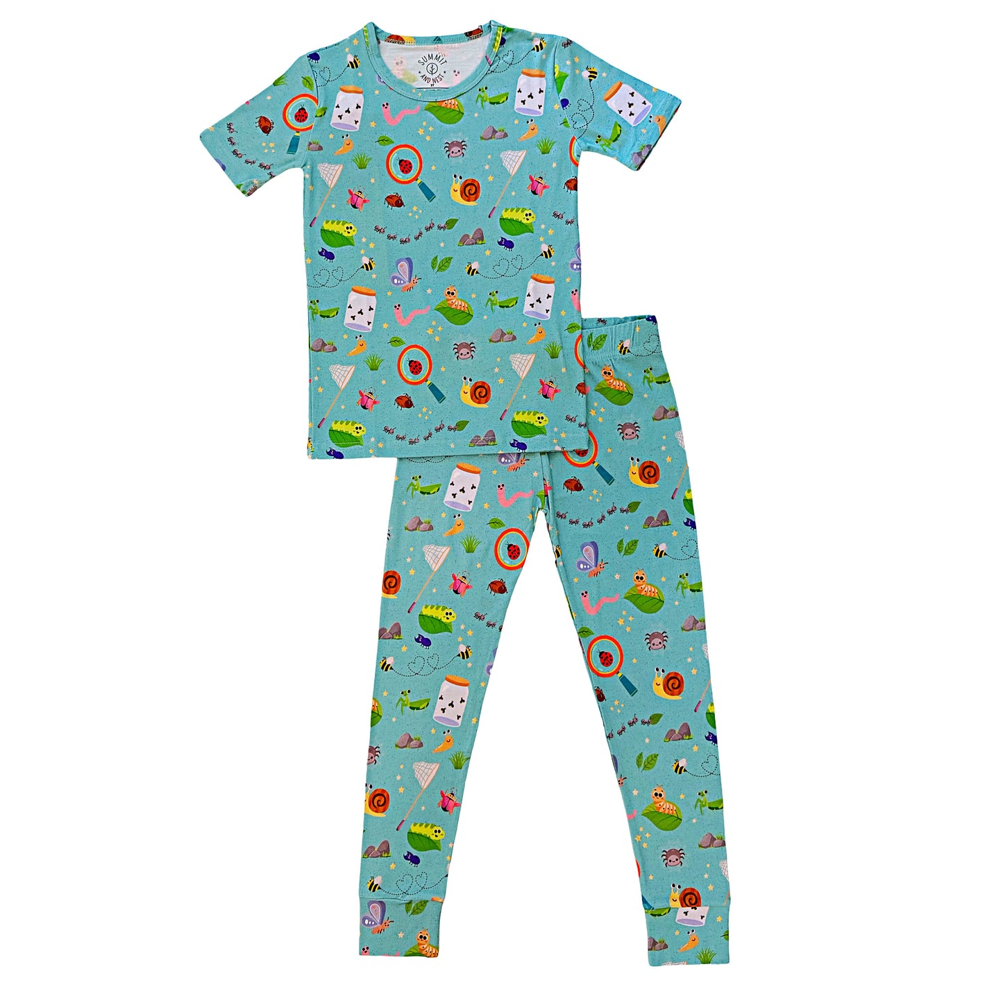 Children's pajama set with a colorful pattern on a white background