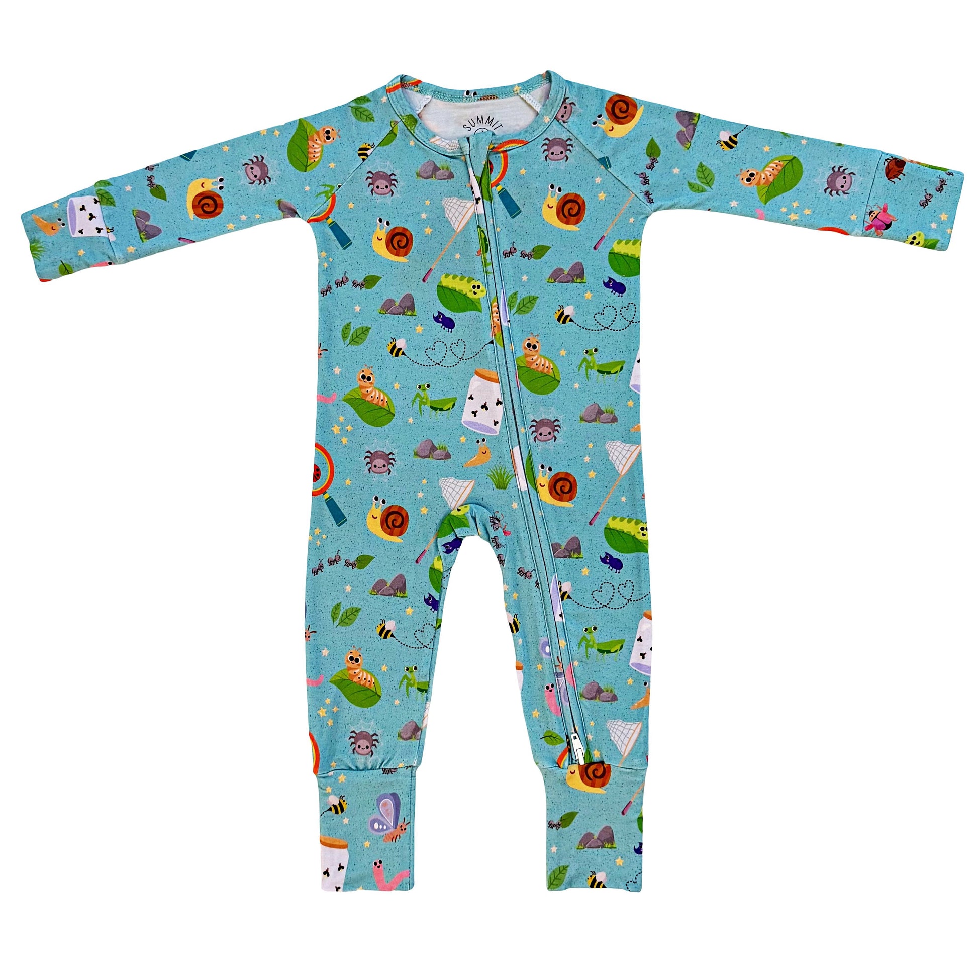 Children's onesie with bug pattern on a white background