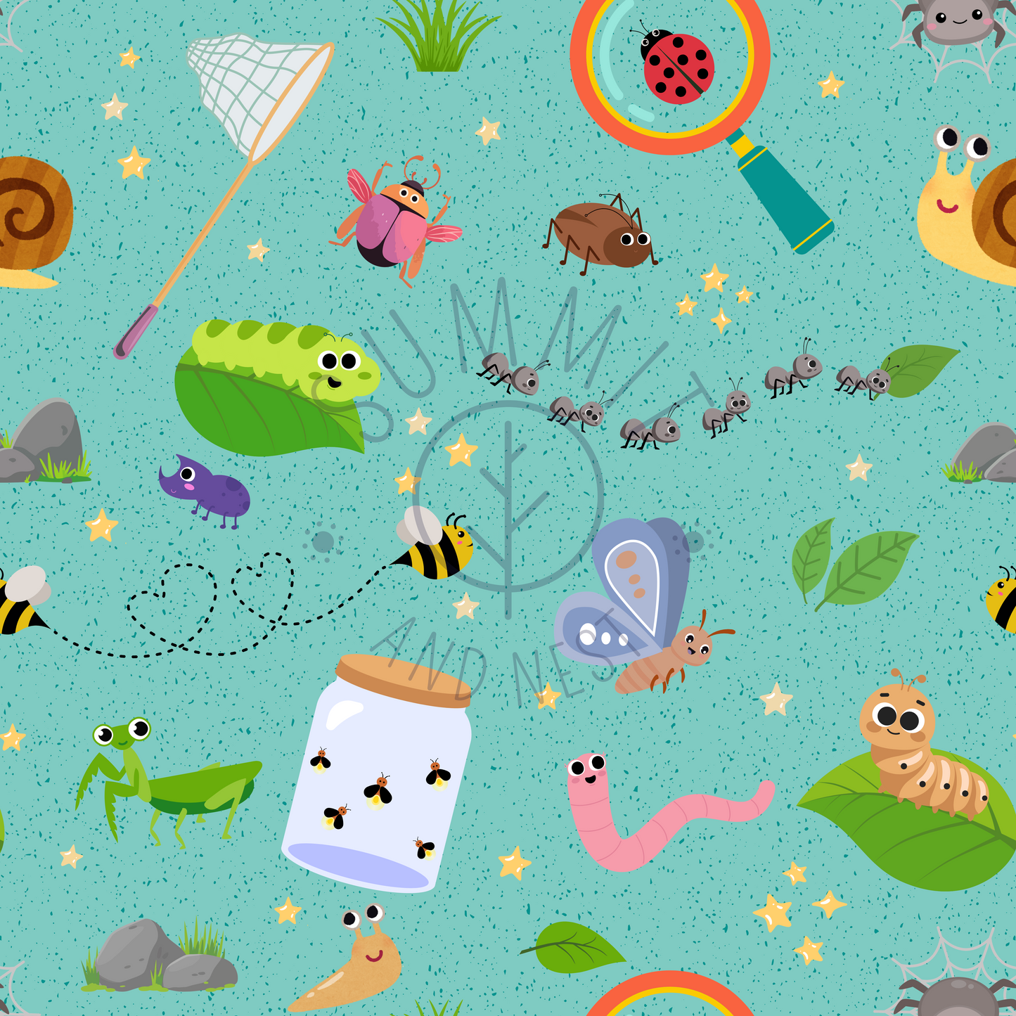 Illustrated pattern of insects, nature elements, and a jar on a blue background.