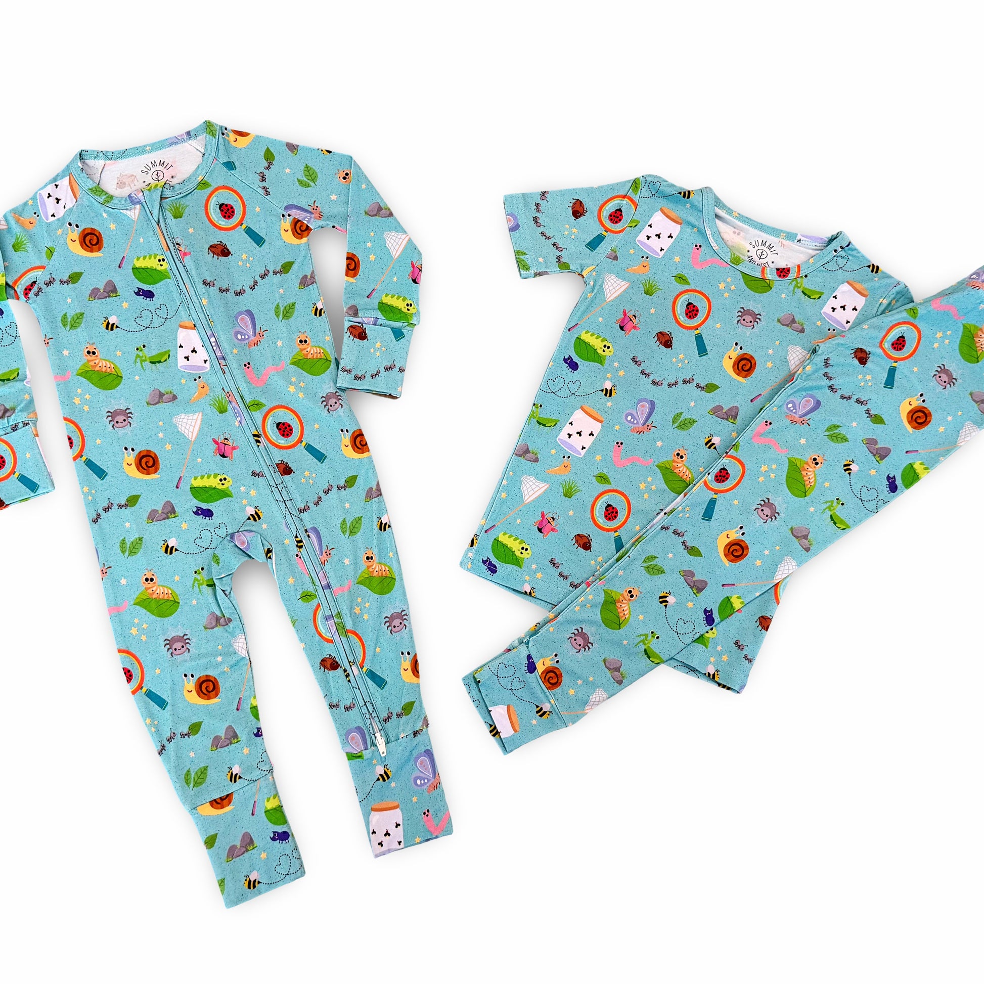 Children's bug pajama set with colorful insect pattern on a light blue background