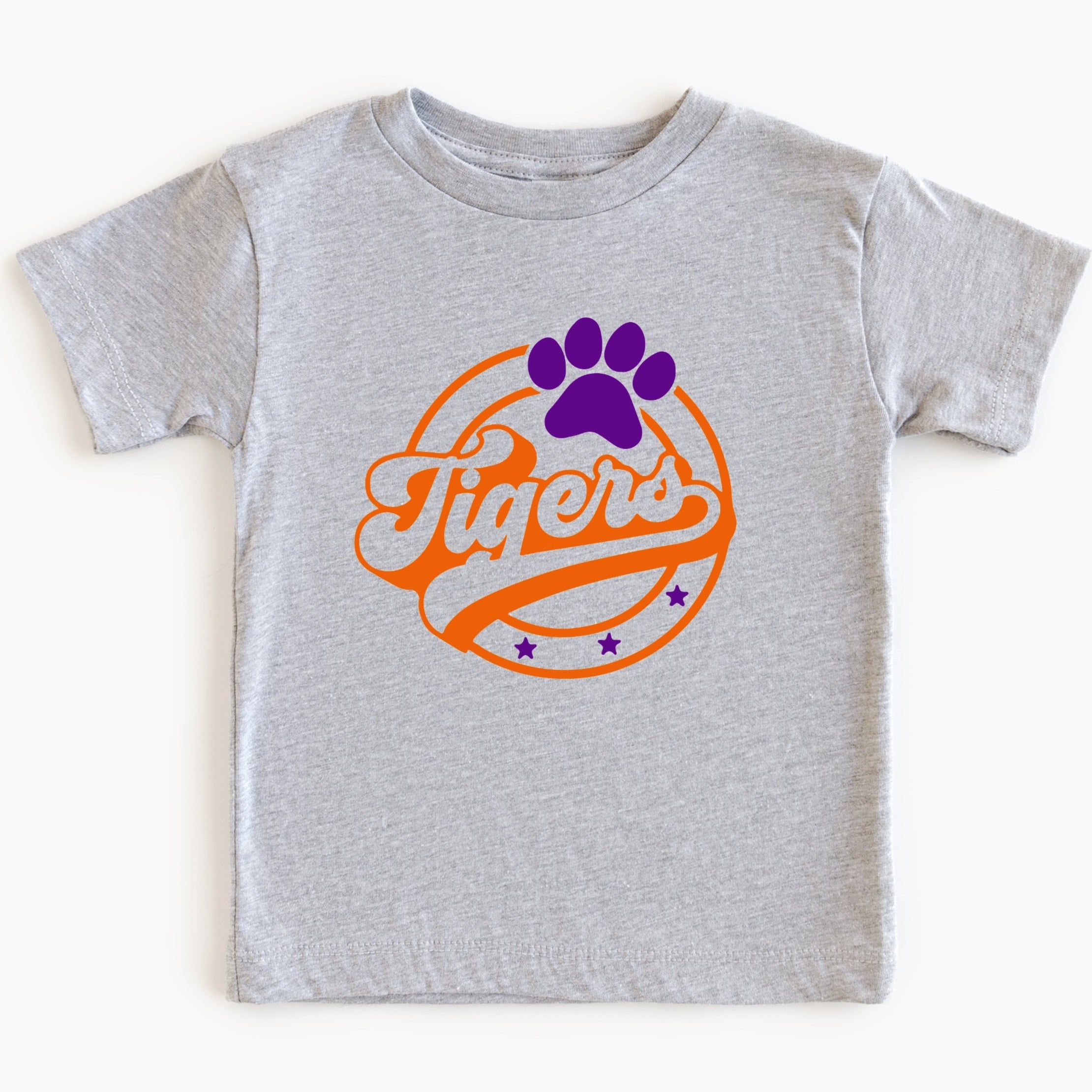 Gray t-shirt with 'Tigers' logo featuring a paw print on a white background