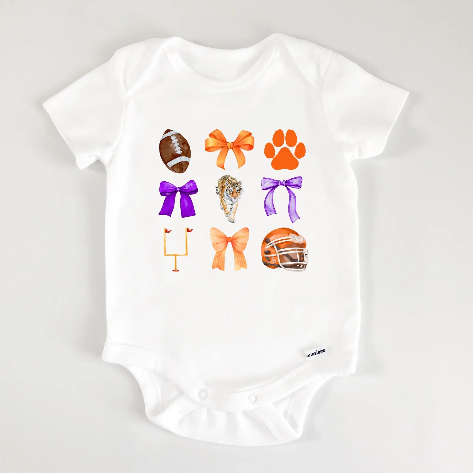 Tiger bows- Orange and purple- Girl's short sleeve shirt and infant bodysuit - Summit and Nest