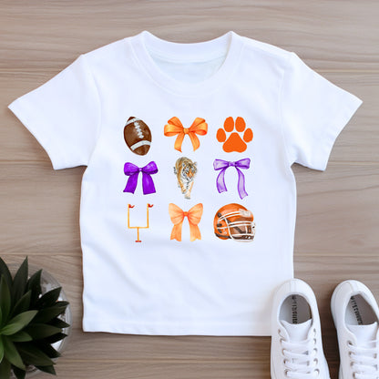 Tiger bows- Orange and purple- Girl's short sleeve shirt and infant bodysuit - Summit and Nest