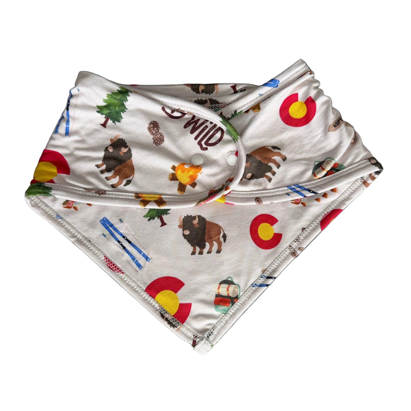 Colorado baby bib with nature-themed design with adjustable back on a white background