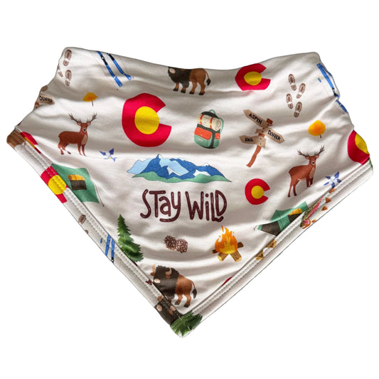 Baby bib with Colorado nature-themed design featuring animals and outdoor elements on a white background