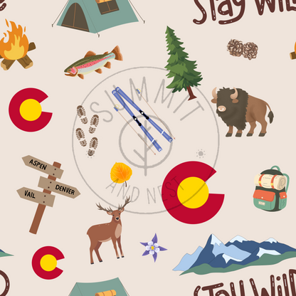 Illustrated pattern with Colorado camping and nature-themed elements on a beige background.