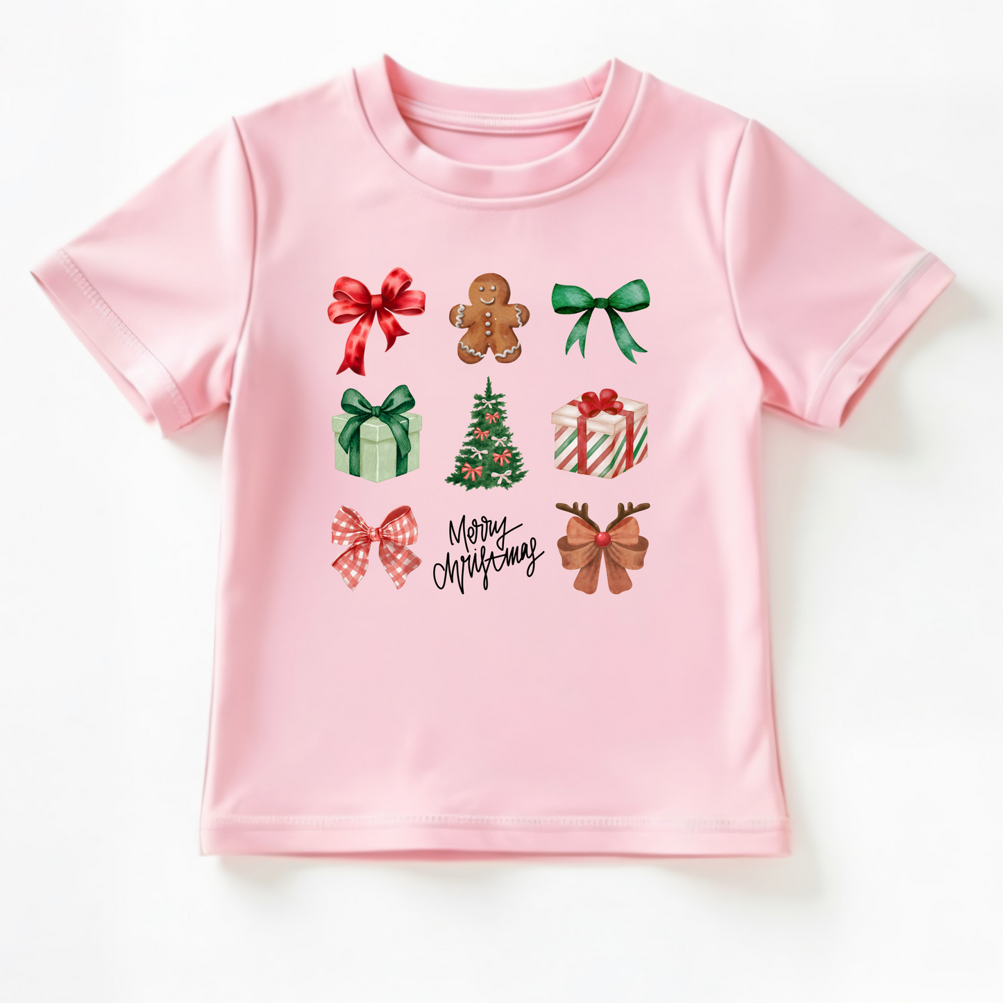 Pink t-shirt with Christmas-themed graphics on a white background