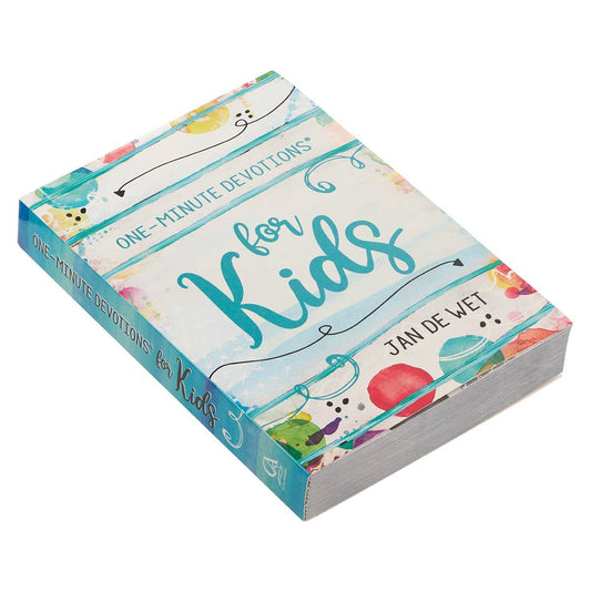 Book titled 'One-Minute Devotions for Kids' by Jan de Wet on a white background