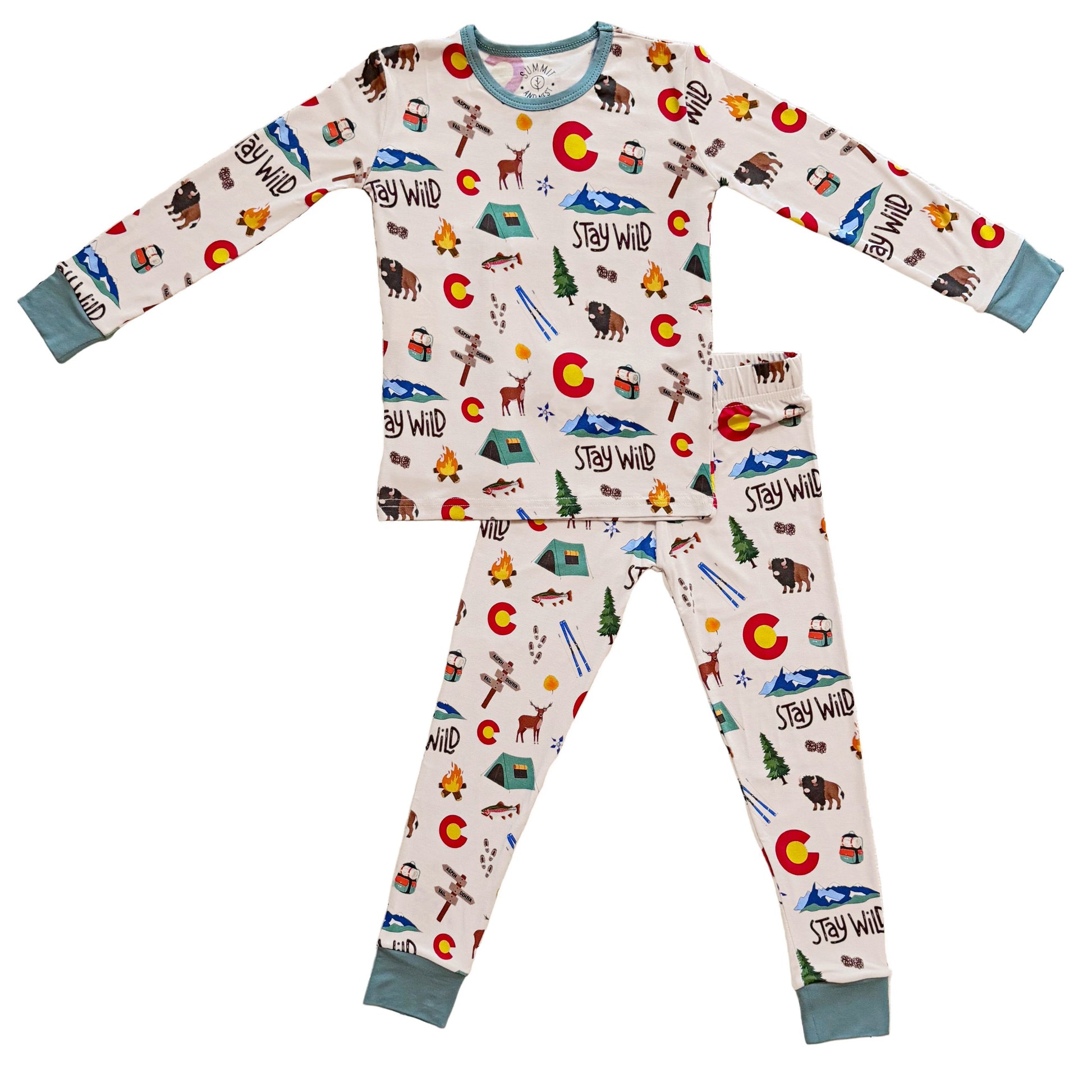 Colorado Children's bamboo pajama set with nature-themed print on a white background