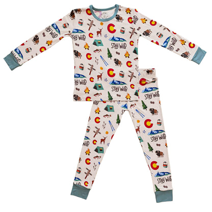 Colorado Children's bamboo pajama set with nature-themed print on a white background
