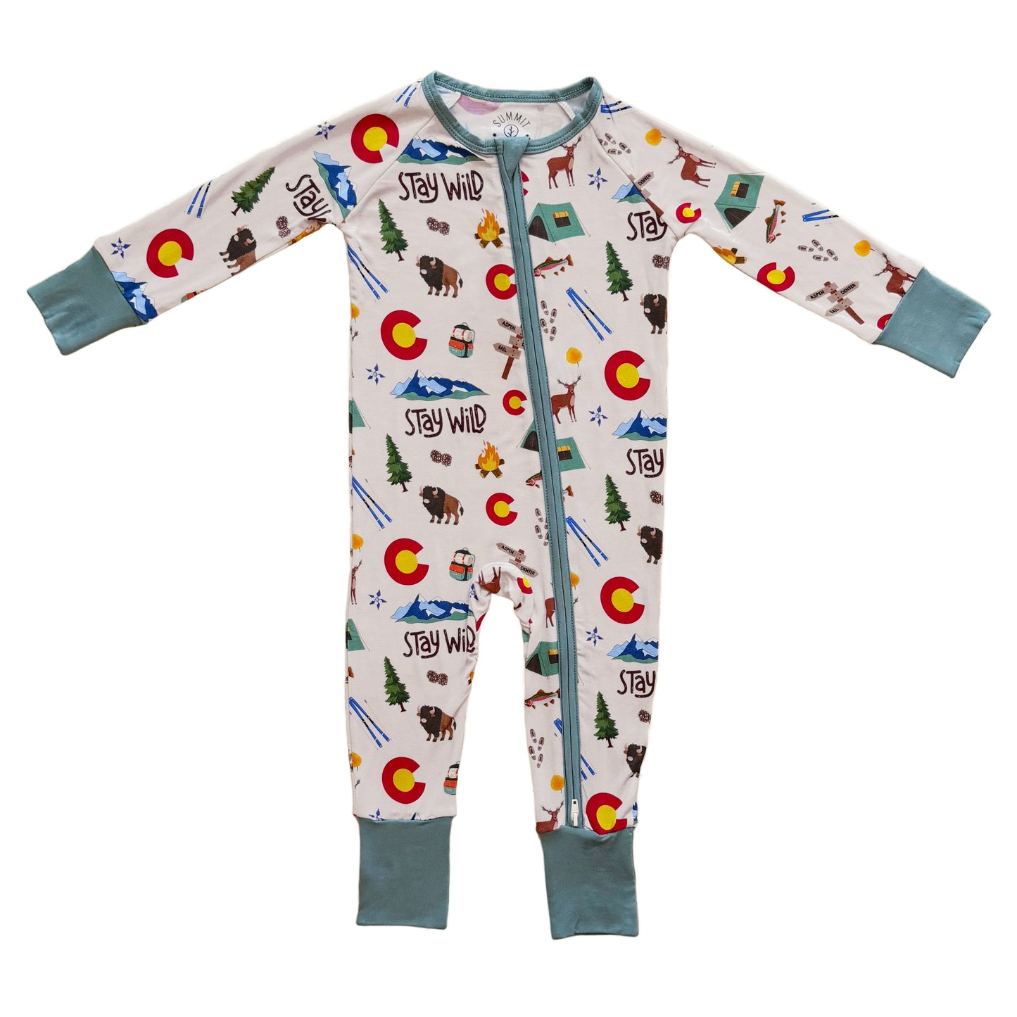 Two way zipper bamboo footie pajama, colorado themed with convertible cuffs, nature print on white background