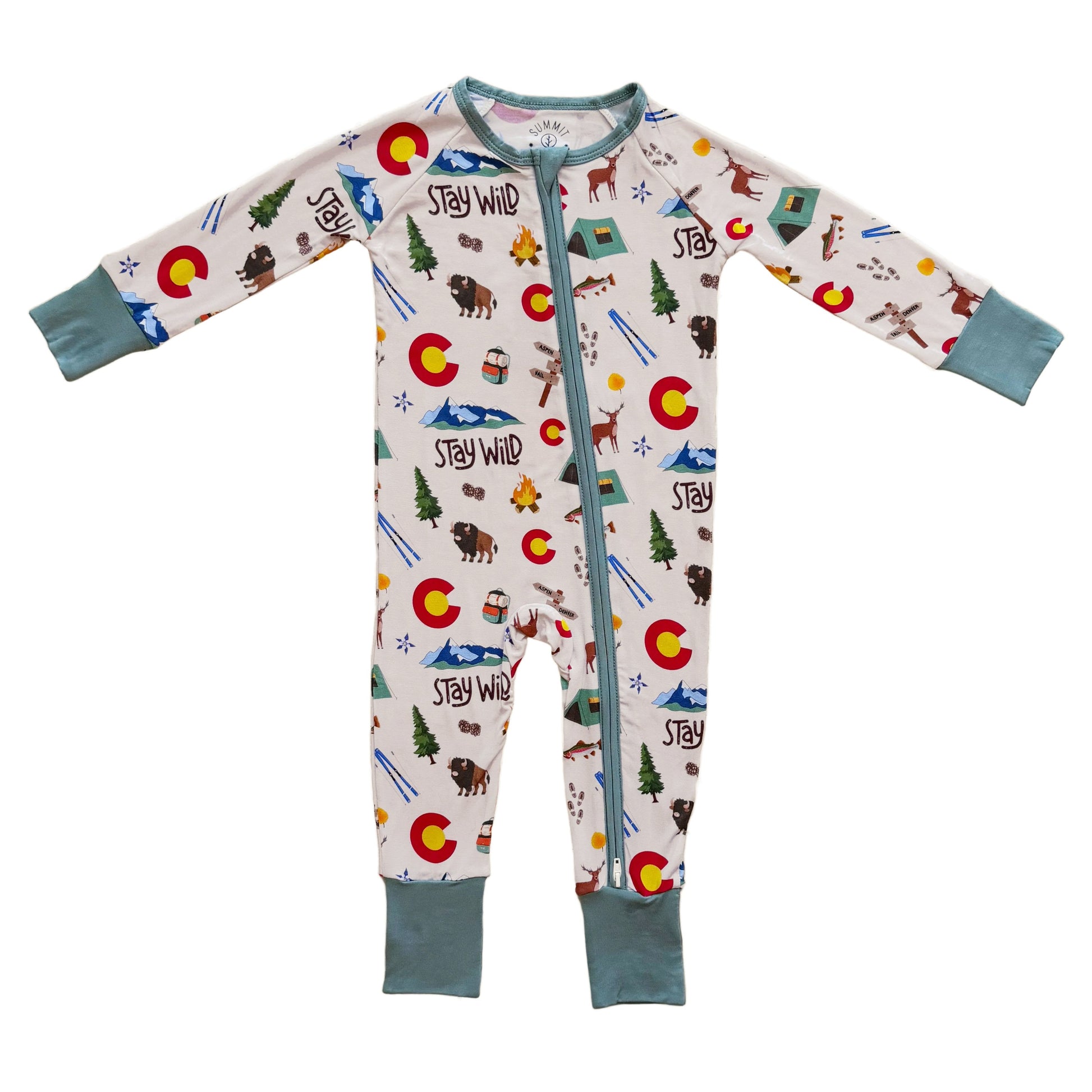 Two way zipper bamboo footie pajama, colorado themed with convertible cuffs, nature print on white background