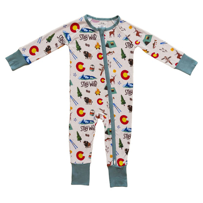 Two way zipper bamboo footie pajama, colorado themed with convertible cuffs, nature print on white background