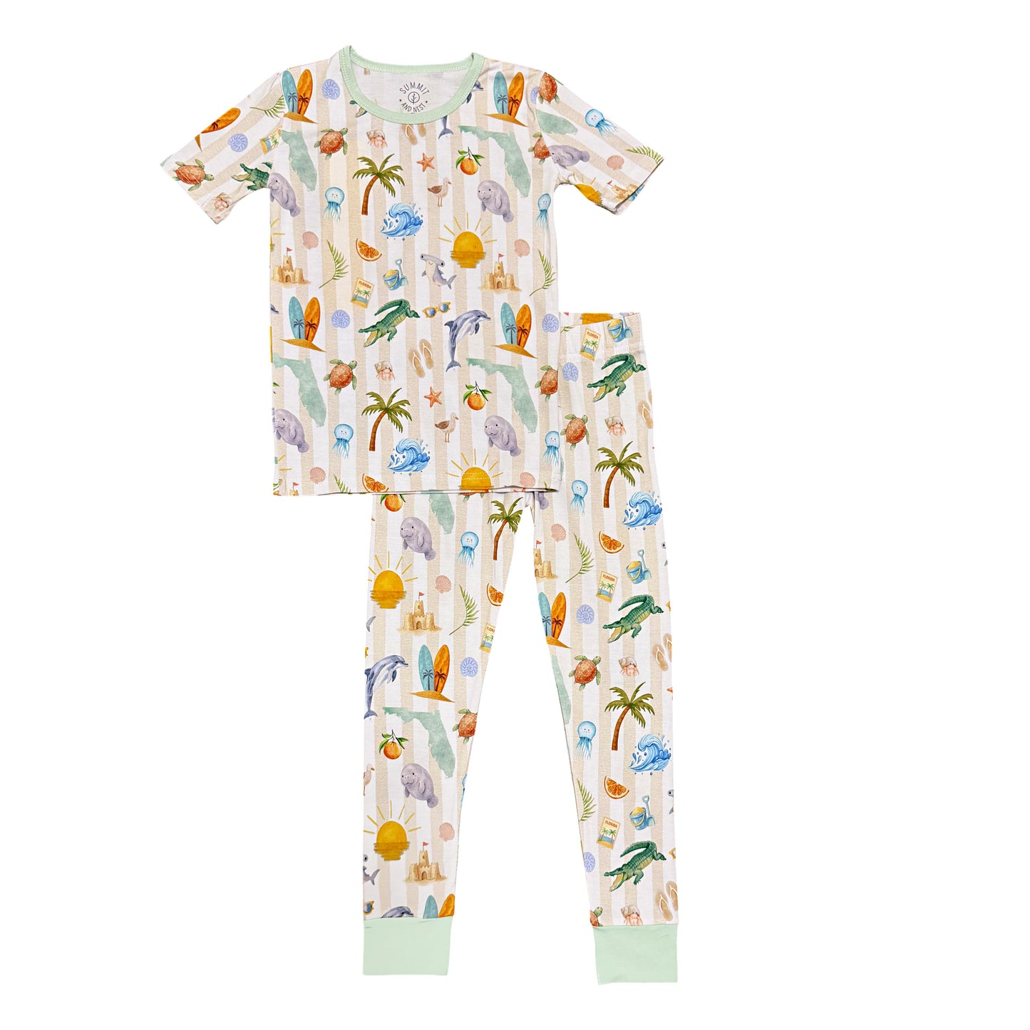 Children's pajama set with Florida and tropical pattern on a white background