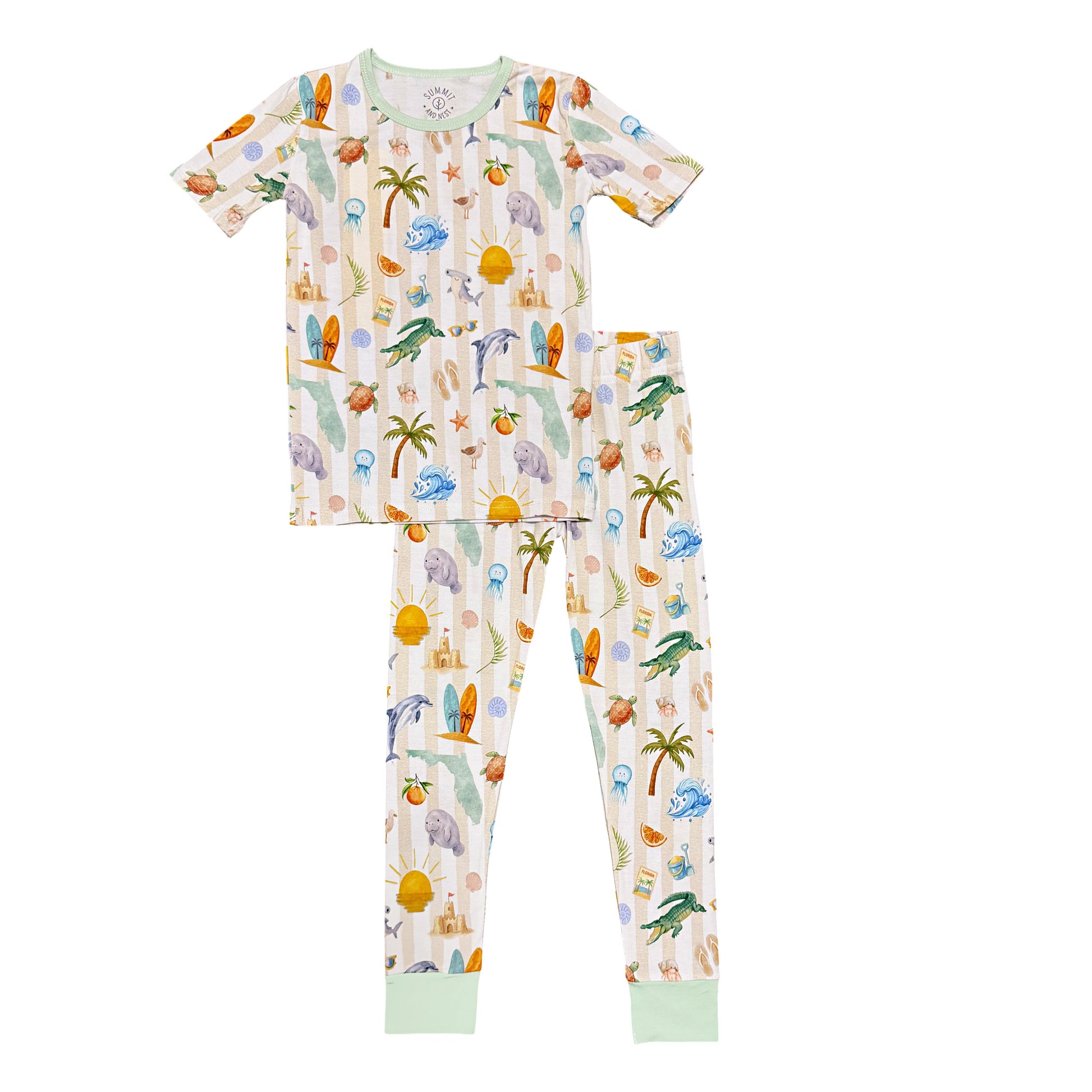 Children's pajama set with Florida and tropical pattern on a white background