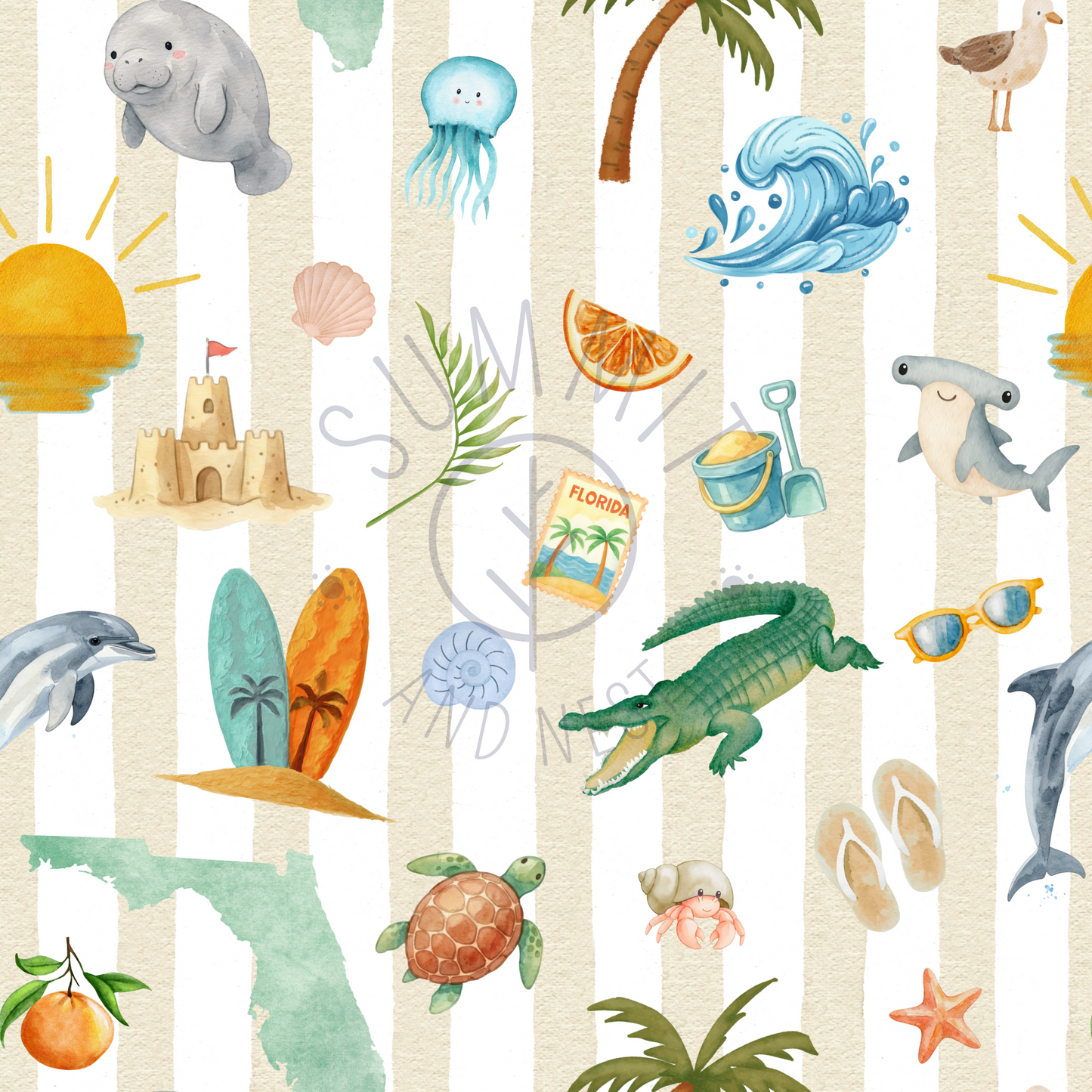 Pattern of beach-themed illustrations including sandcastles, dolphins, and Florida state outline on a striped background.